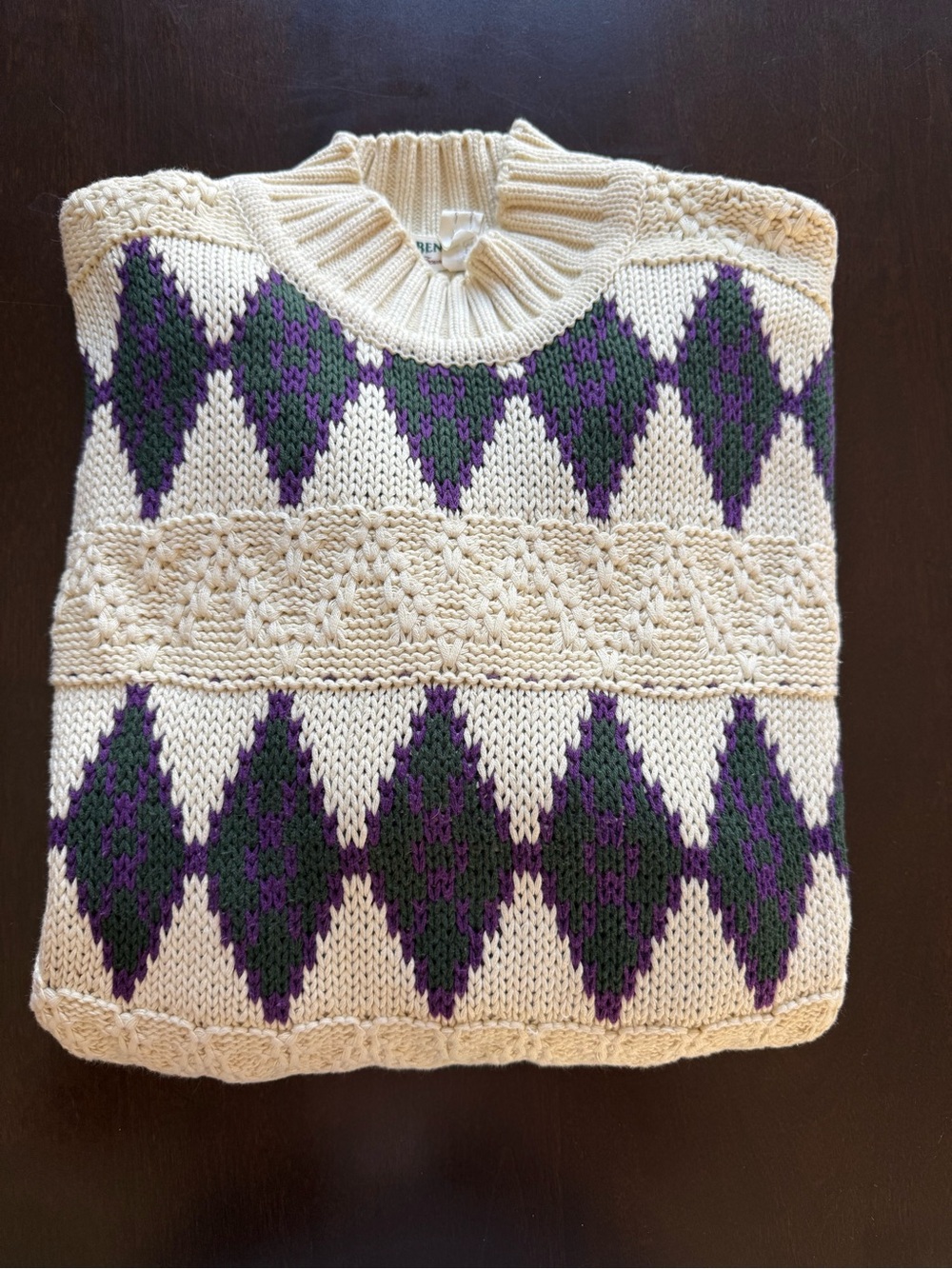 Bench Cream Crewneck Sweater with Purple and Green Argyle